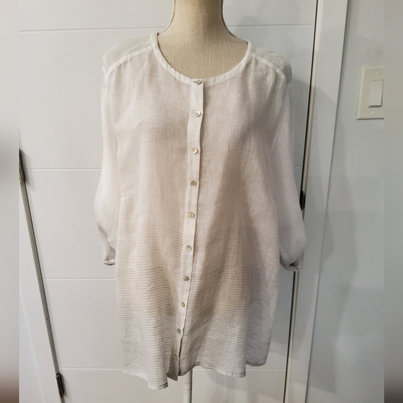 Eileen Fisher Tops - Eileen Fisher Linen White Silver Striped Button-Up Blouse Size 2X